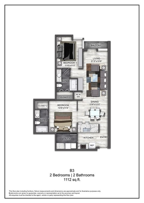 Floor plan for 2 beds, 2 baths, 1112 sqft